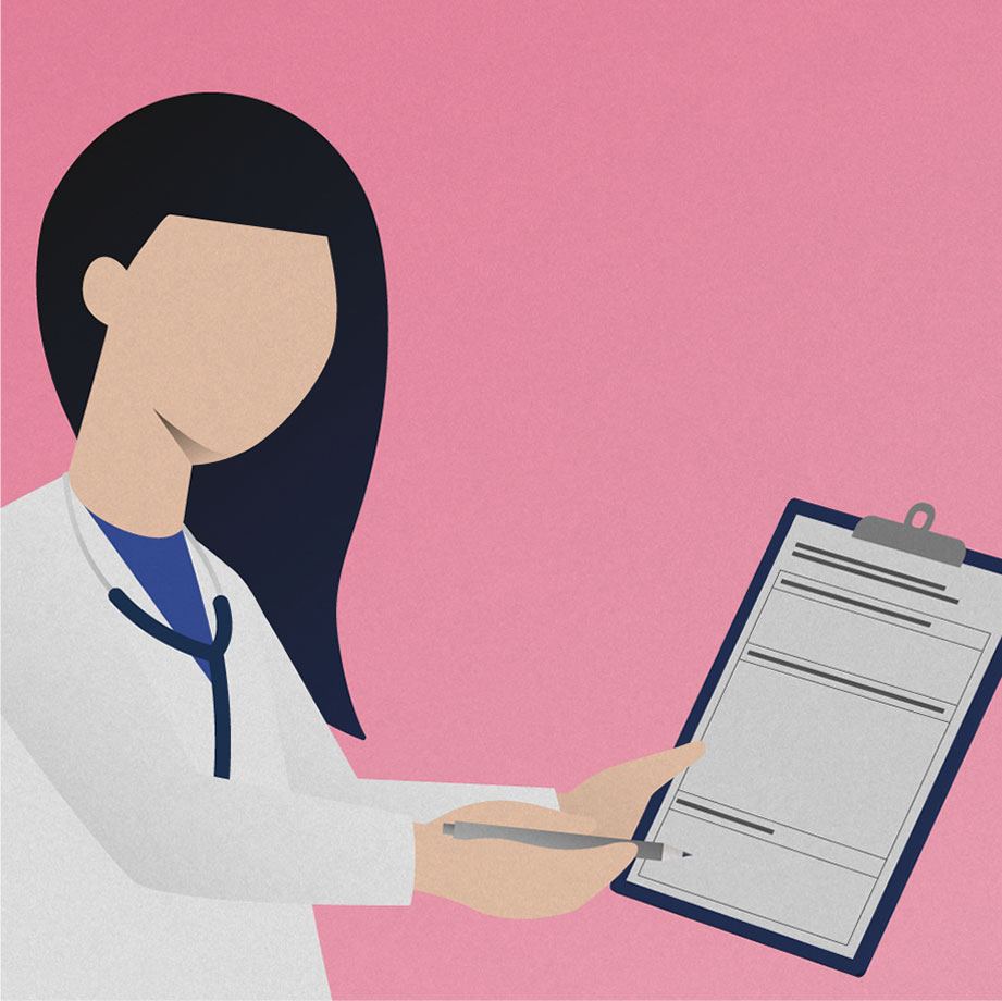 Drawing of a healthcare practitioner (HCP) filling in a clipboard.