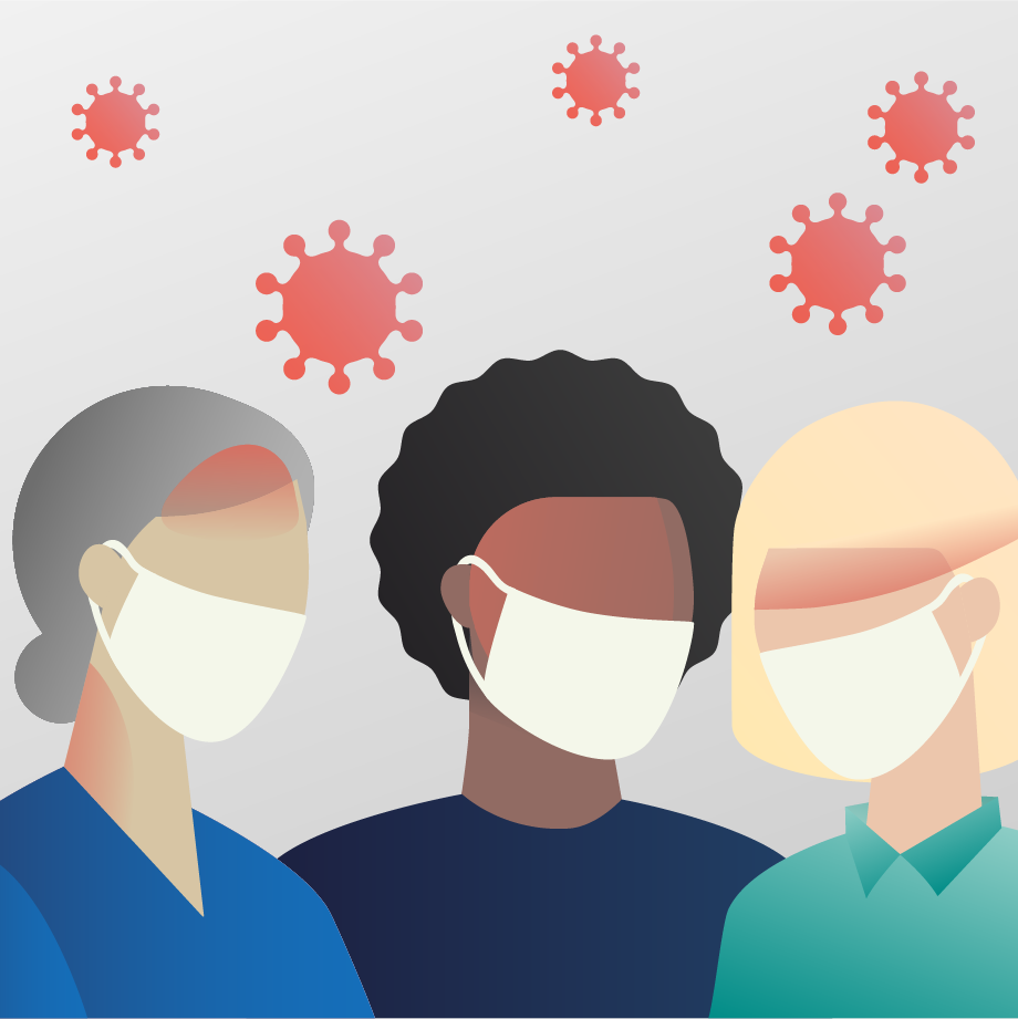 Illustration of three silhouettes of people with face masks on, with red shading on their heads to denote headache. Red viral particles of various sizes are scattered above the silhouettes.