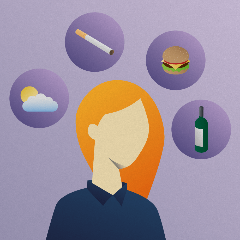 Silhouette of woman surrounded by images of the sun, a cigarette, a hamburger, and alcohol that represent MS risk factors like smoking, the environment, and obesity. 