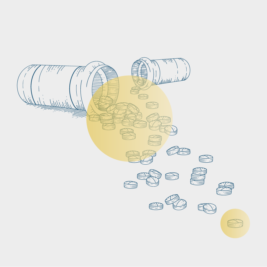 Illustration of prescription pill bottles and medication spilling out of them, overlaid with semi-transparent yellow circles. 