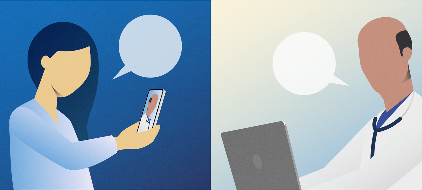 Illustration with two silhouettes. The first silhouette is of a woman holding a smartphone and a speech bubble on a blue background. The second silhouette is of an HCP facing a laptop and a speech bubble on a light background.