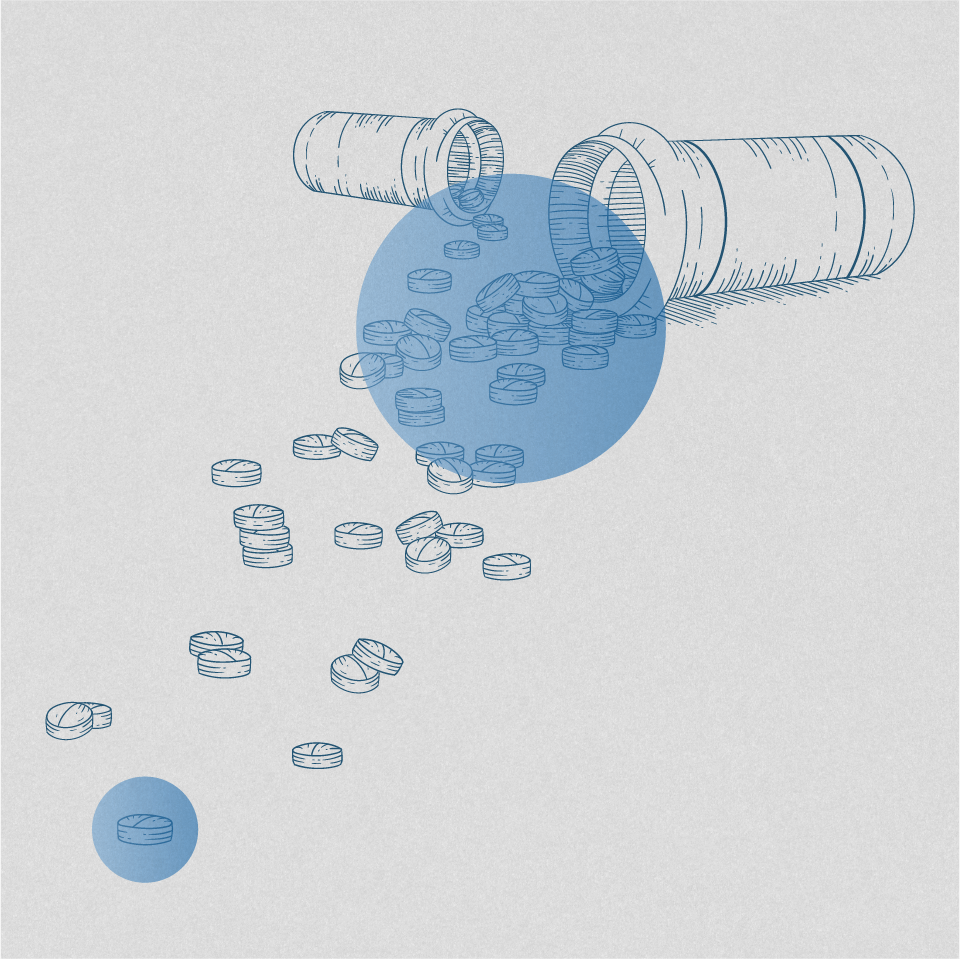 Monochromatic illustration of 2 open medicine bottles on their sides and scattered medicine tablets overlaid with blue circles.