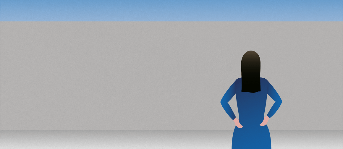 ustration of a person with long dark hair wearing a blue outfit looking into a gray wall representing barriers to care.