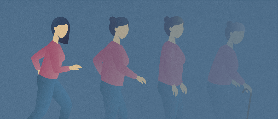 Four female silhouettes of various ages—young adult, mature adult, middle aged adult, elderly adult—that depict the progression of multiple sclerosis throughout the lifespan. 