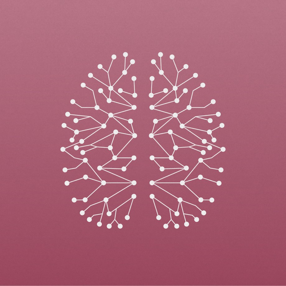 Illustration of a brain-shaped network on a pink background.