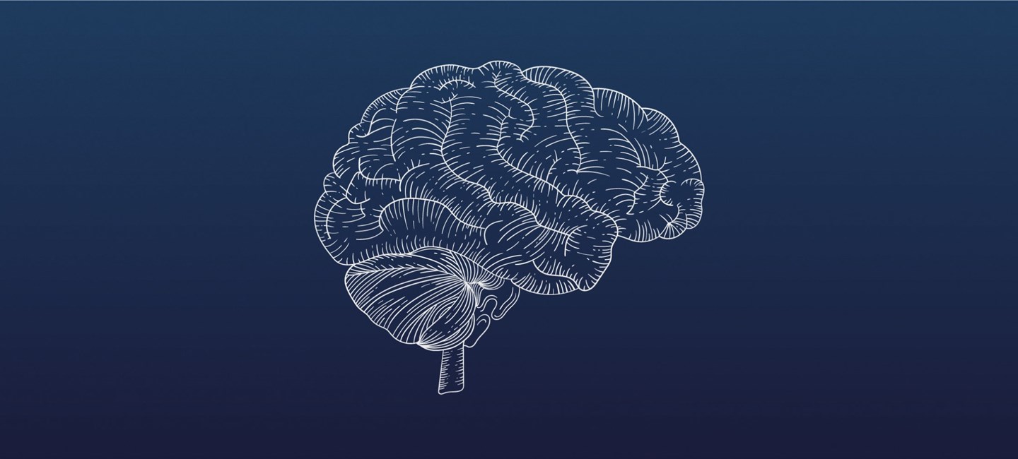 A brain made from white lines on a blue background.